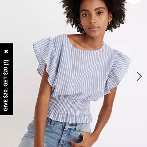 Madewell Flutter-Sleeve Smocked Top in Stripe XS